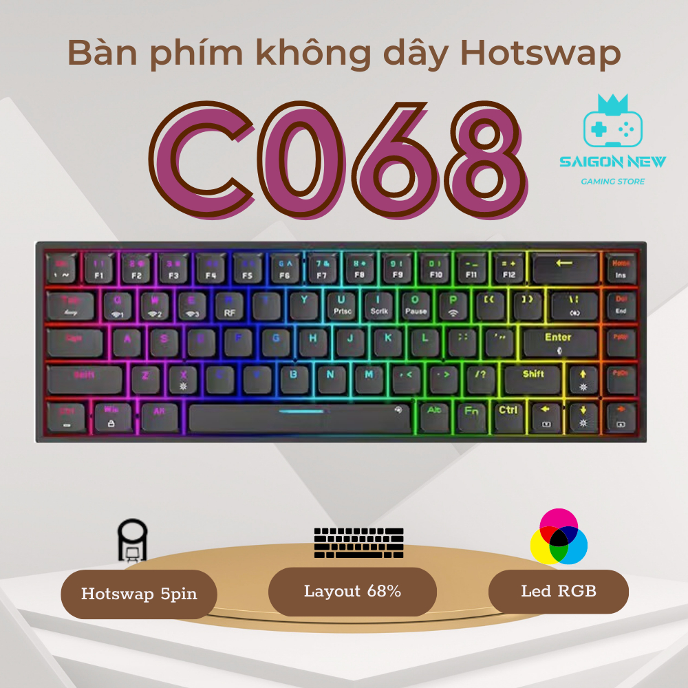 Bàn phím cơ Hotswap C068 - LED RGB - Hotswap 5 pin - trục cơ tuyến tính - Sử dụng Yellow switch | BigBuy360 - bigbuy360.vn