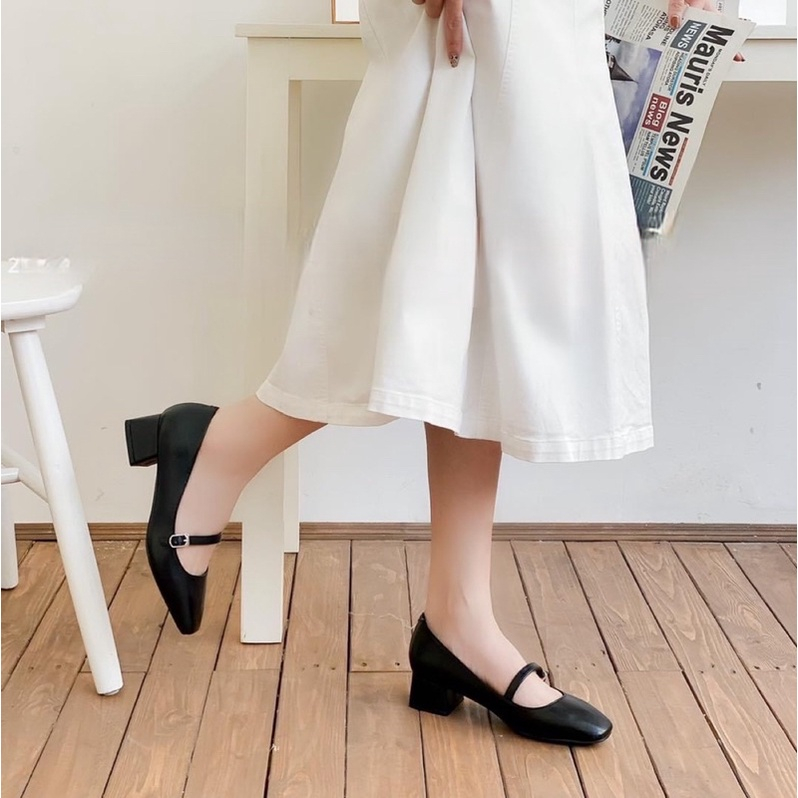 Giày cao gót nữ 3 phân đế vuông tiểu thư quai ngang mềm êm chân phong cách Hàn Quốc