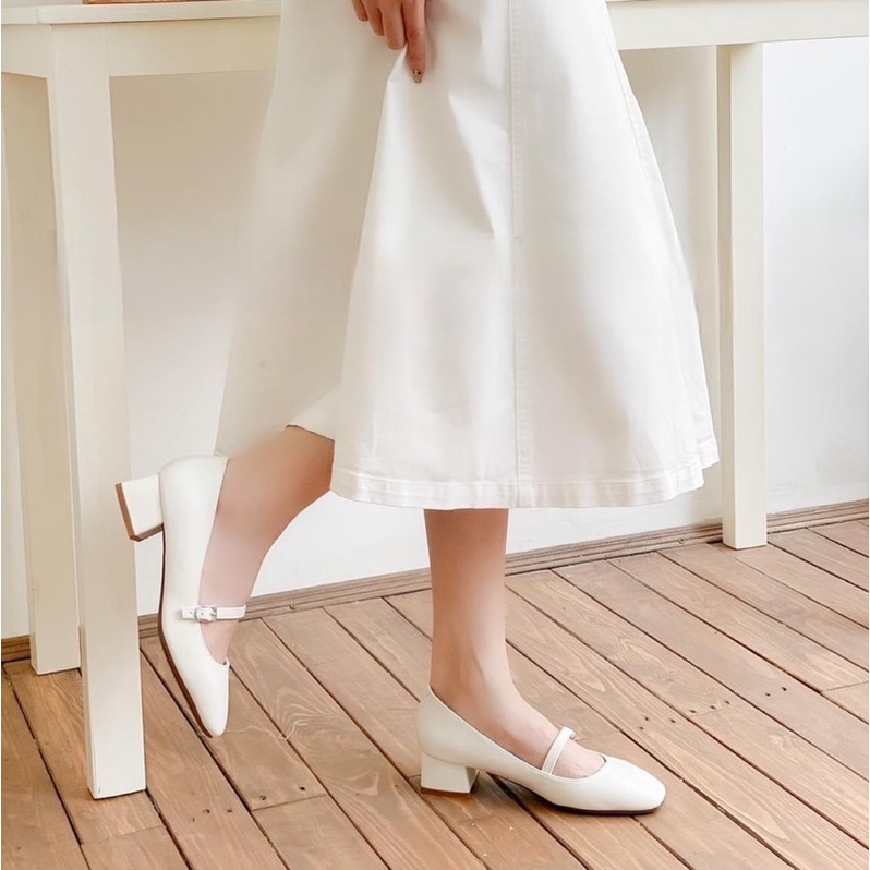Giày cao gót nữ 3 phân đế vuông tiểu thư quai ngang mềm êm chân phong cách Hàn Quốc