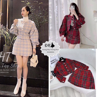 Sét áo dạ crotop mix chân váy kẻ xanh siêu hot hack tuổi