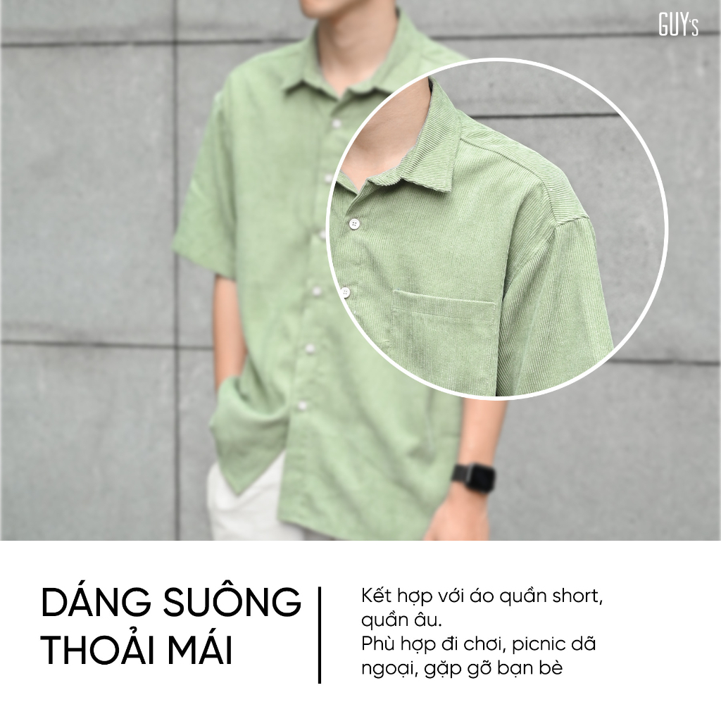 Áo Sơ Mi Nhung Tăm Nam Cộc Tay GUY's Closet, chất liệu nhung tăm dày dặn, co giãn, thoáng khí, tay ngắn form rộng