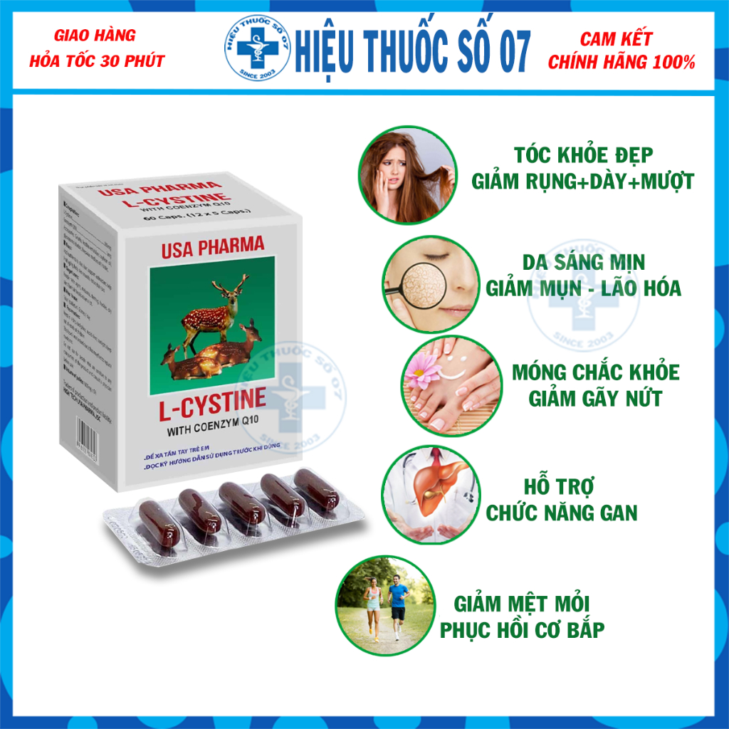 L-CYSTINE giảm rụng tóc, đẹp da, giảm nám, tàn nhang, hạn chế lão hóa - Hộp 60 viên