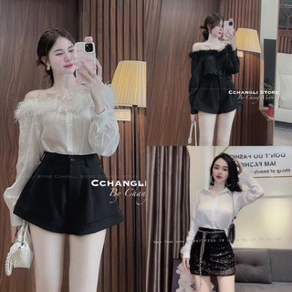 Áo sơ mi trễ vai phối lông siêu hot 2023