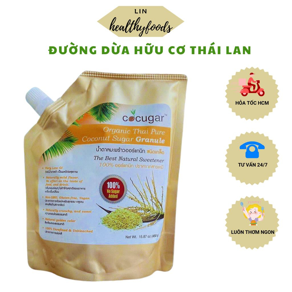 Đường dừa hữu cơ Thái Lan dạng bột - dạng hạt bao bì mới nhất Cocugar 450g
