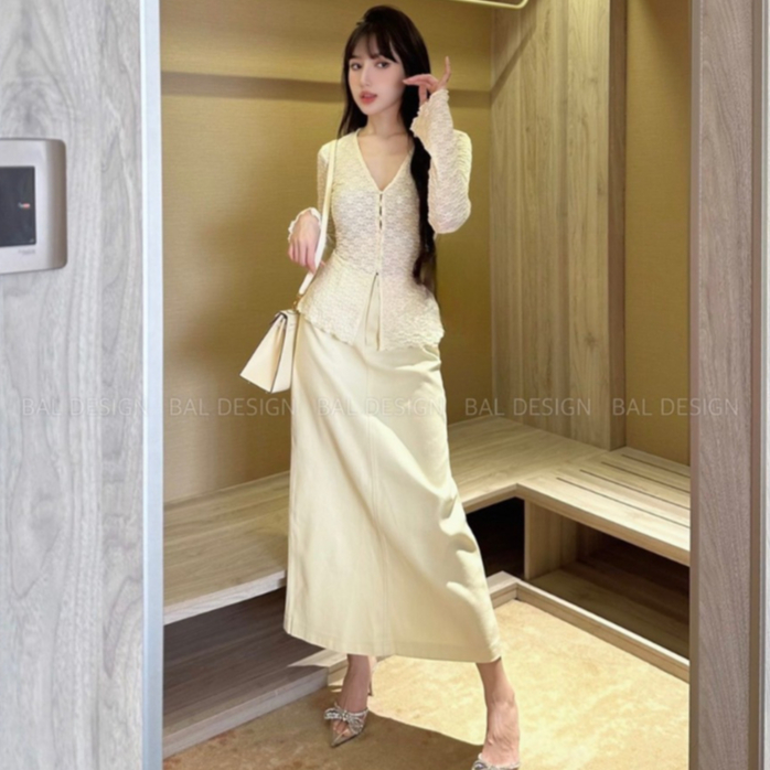 Set áo len dài tay cổ V tay loe phối chân váy dáng dài tiểu thư sang chảnh thanh lịch nữ tính đi làm dạo phố du lịch LEV