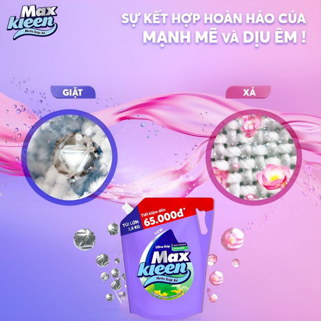 Combo 2 Nước Giặt MaxKleen Và Nước Xả Vải Fresh Soft Giặt Xả Quần Áo Thơm Lâu Giặt Tay Và Máy Túi 3.8kg/500ml