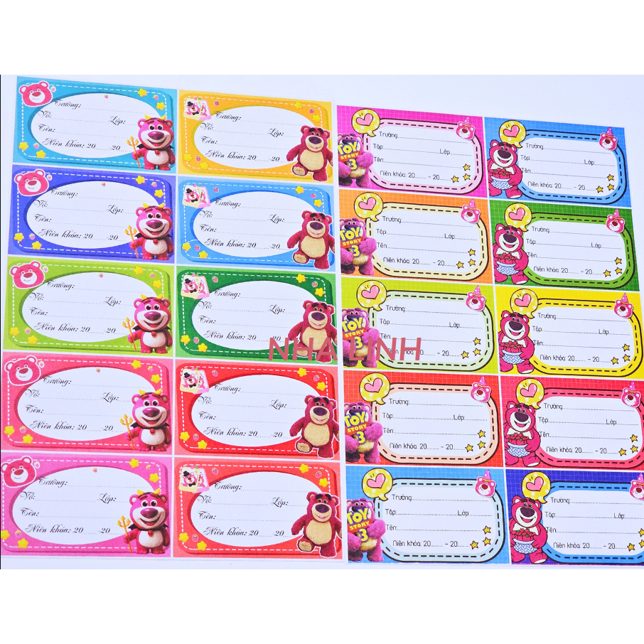 Nhãn vở 10 ô (20 nhãn / xấp) gấu dâu, trà sữa, poro, hoa, kỳ lân nhiều hình siêu xinh