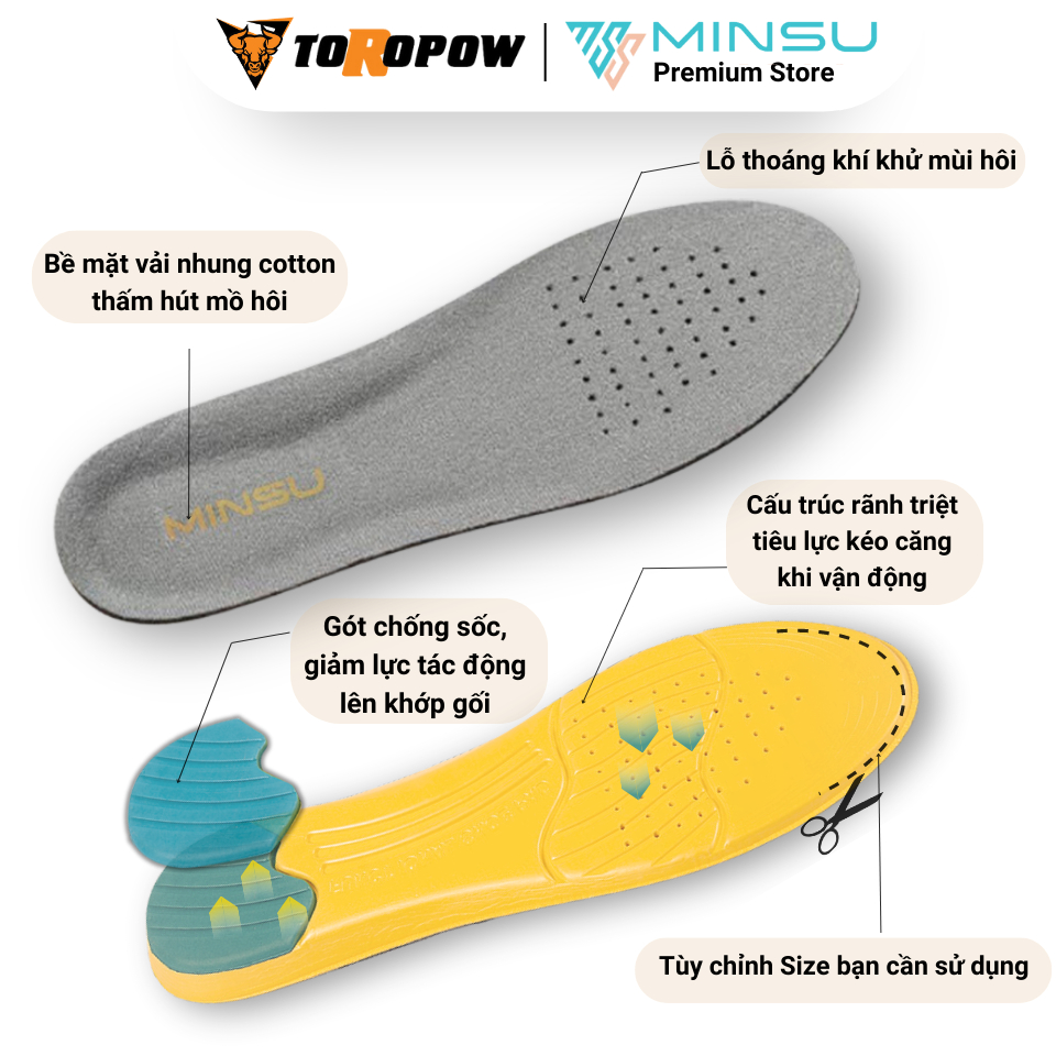 [TOROPOW] Lót Giày Thể Thao Sneaker Gel Chống Thốn Gót MINSU M2303 Cao Su EVA Êm Ái, Thấm Hút, Khửi Mùi Hôi Chân