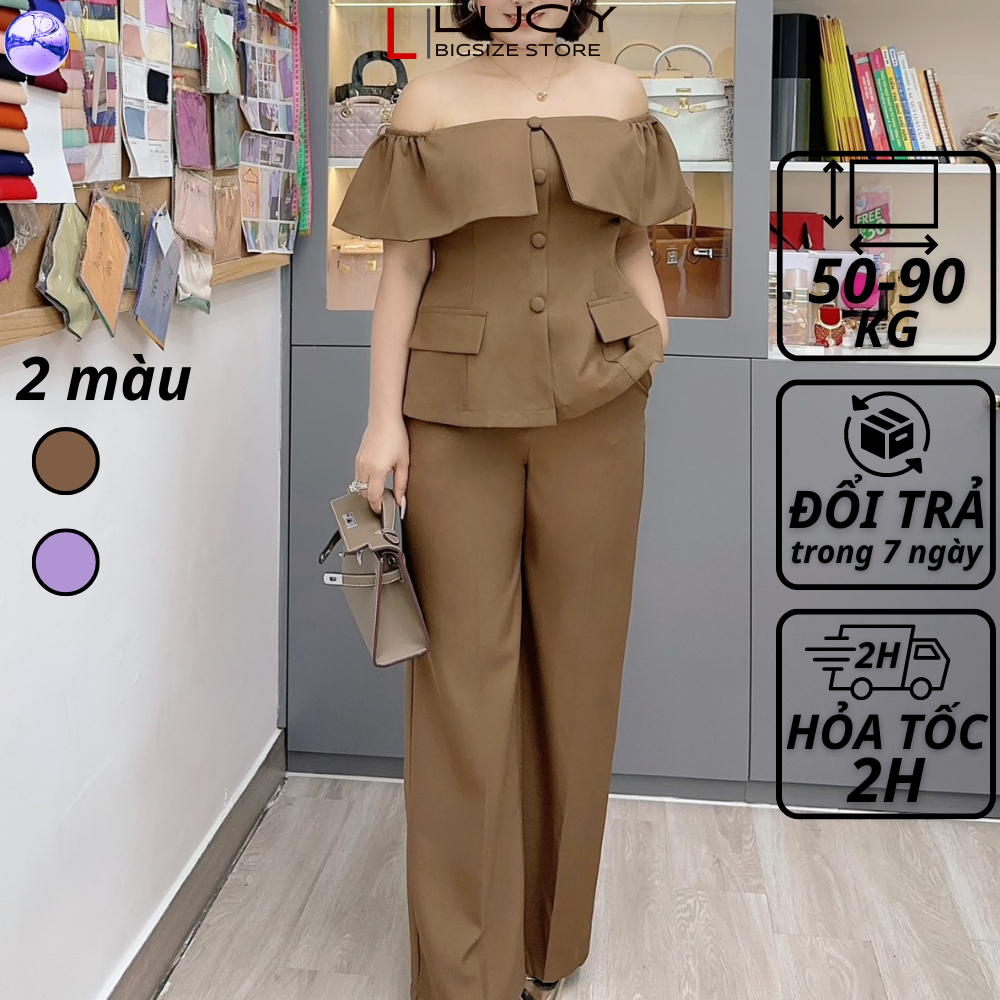 Set đồ bộ bigsize nữ dự tiệc đi chơi kiểu trễ vai quần dài chất cotton lạnh LUCY big size 50 - 90 kg