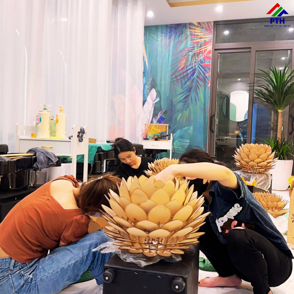 Mẫu 3L - Đèn gỗ ốp trần, đèn trang trí hình hoa sen, giá rẻ, đèn chùm đẹp