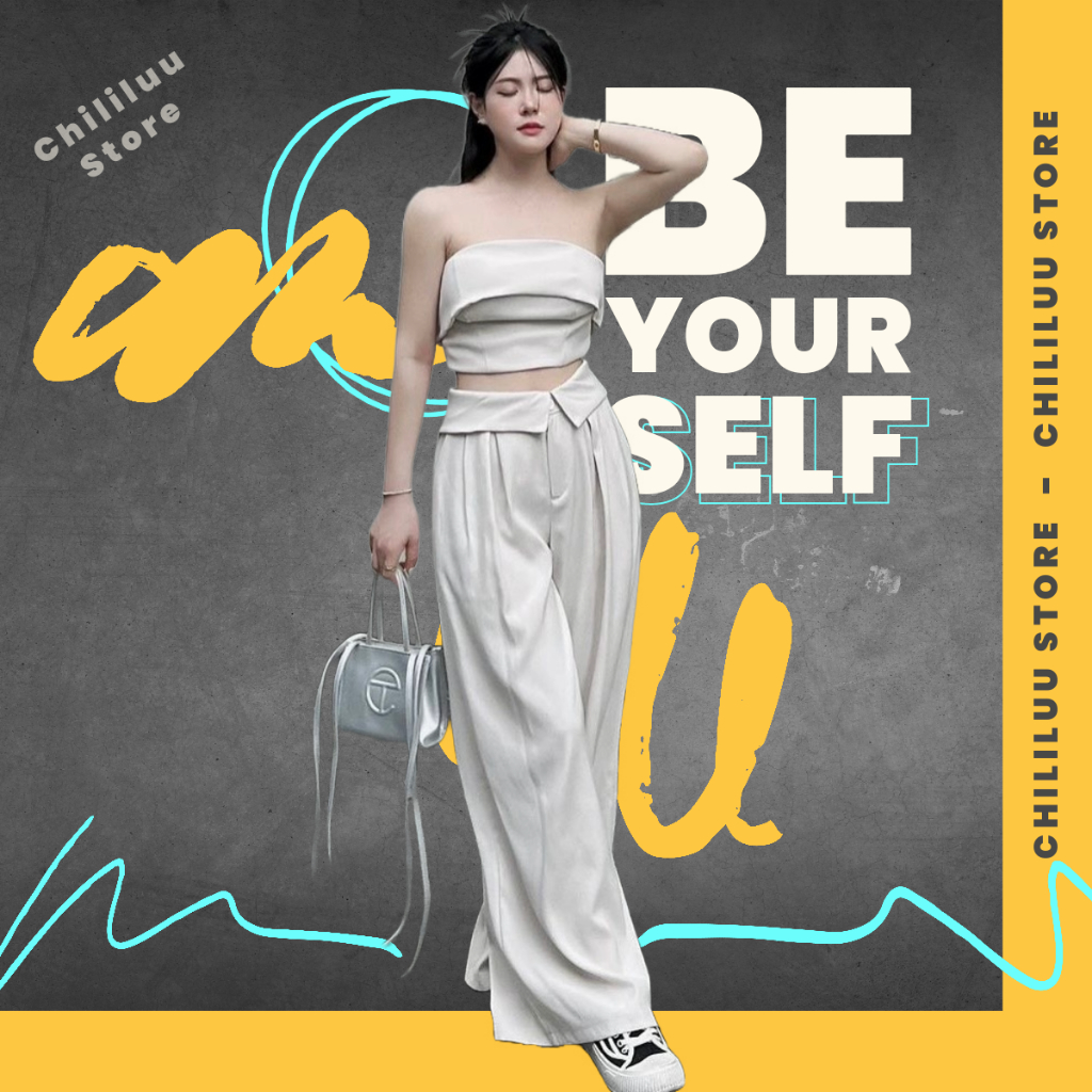 Set áo croptop Chililuu áo quây dây buộc phối quần suông ống rộng phong cách cool ngầu sang chảnh