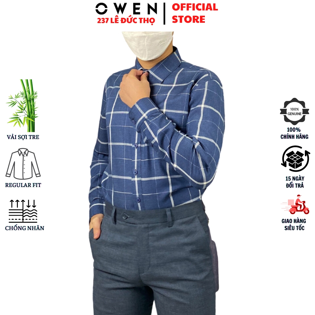 Áo sơ mi nam OWEN AR220908DT somi dài tay công sở kẻ caro xanh trắng regular fit tà lượn có túi chất sợi tre cao cấp