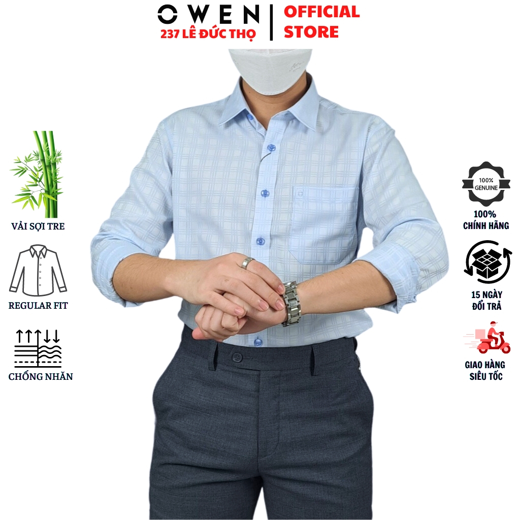 Áo sơ mi nam OWEN AR221021DT somi dài tay công sở kẻ caro xanh nhạt form regular fit tà lượn có túi chất sợi tre cao cấp