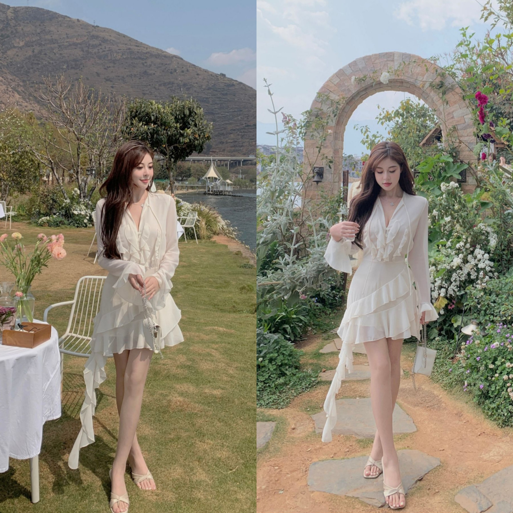 VÁY ĐẦM BODY DÁNG A PHỐI BÈO DÀI TAY LOE TGFASHION