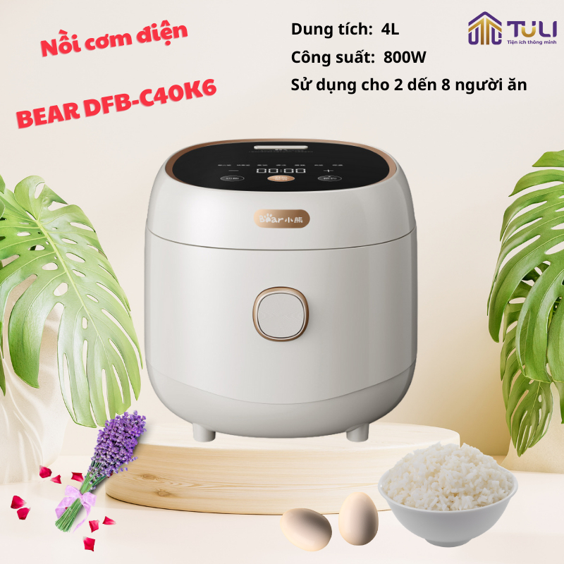 Nồi cơm điện 4L mini đa năng Bear DFB C40K6, 800W, lòng nồi 5 lớp, chống dính, 7 chế độ nấu, hẹn giờ, Chính Hãng, BH 18T