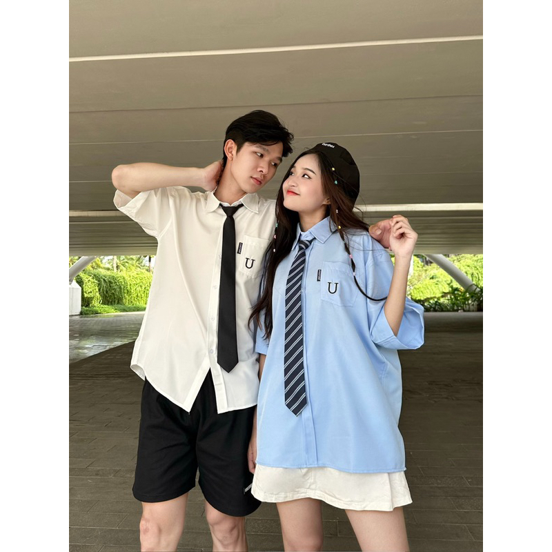 Áo Sơ Mi Tay Ngắn U Logo Thêu Cotton Lạnh Và Quần Short Kaki Form Rộng Unisex