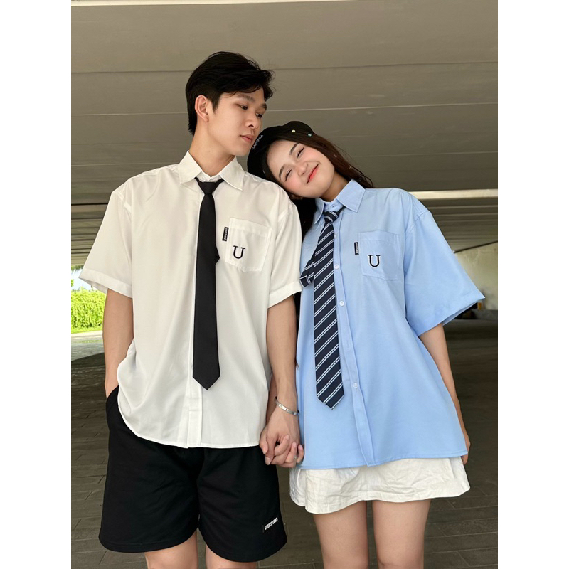 Áo Sơ Mi Tay Ngắn U Logo Thêu Cotton Lạnh Và Quần Short Kaki Form Rộng Unisex