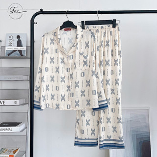 Bộ mặc nhà pyjama lụa cao cấp Tea Store tay dài quần dài họa tiết trăng 4 màu