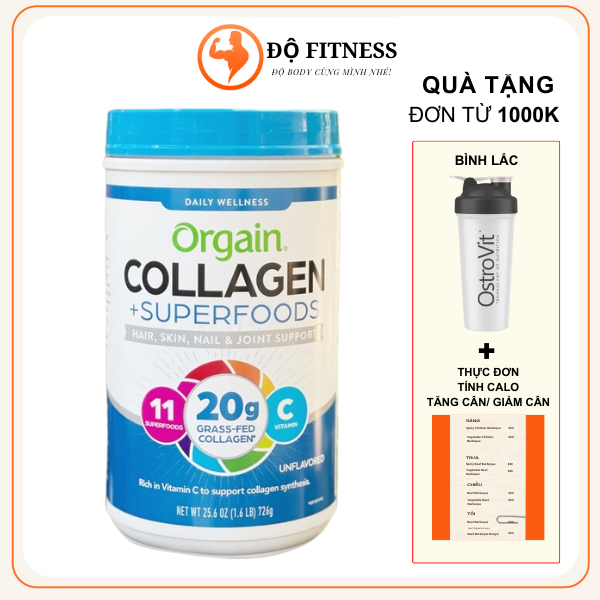 Bột Orgain Collagen Superfoods 726g chăm sóc tóc, móng, da BỘT SIÊU THỰC PHẨM BỔ SUNG vitamin c lợi khuẩn và collagen