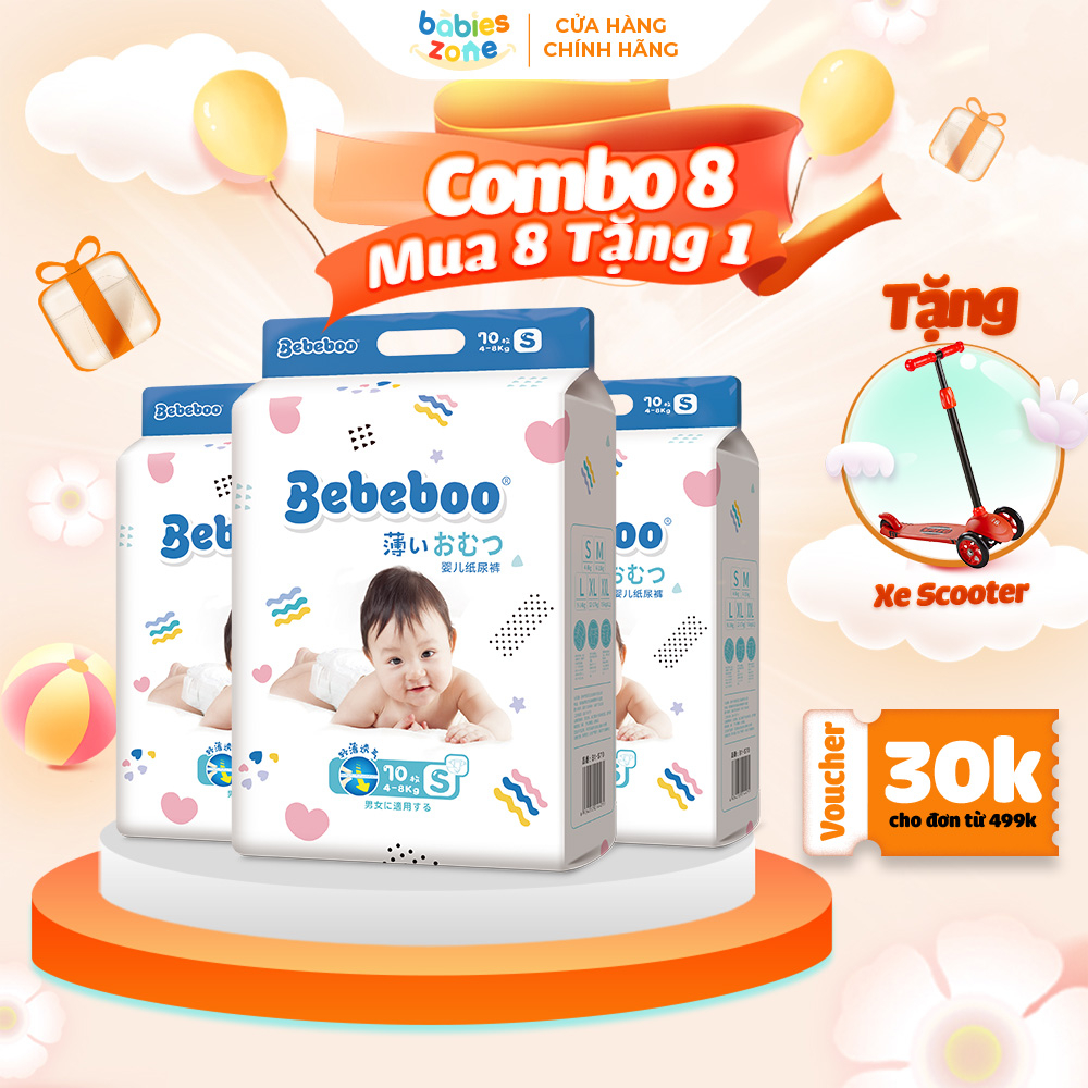 (Tặng xe chòi chân/Scooter/Bể bơi) Set 8 bịch bỉm dán Bebeboo mỏng thoáng, bỉm dán Bebeboo thấm hút tốt dóng ngày, đêm