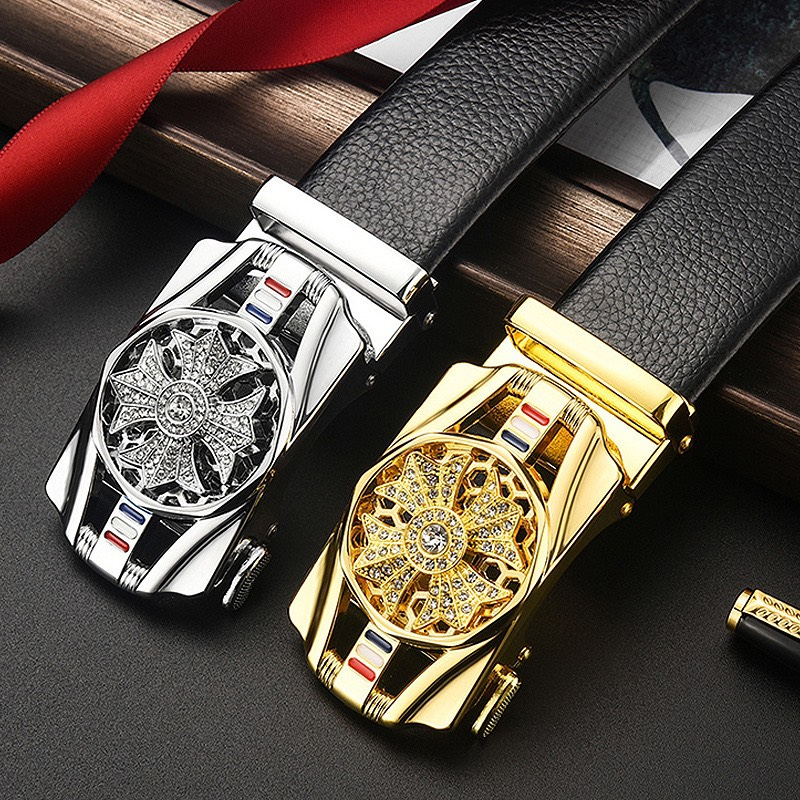 Thắt lưng nam da cao cấp, mặt đính đá xoay 360, khóa tự động mạ kim sang trọng TL23