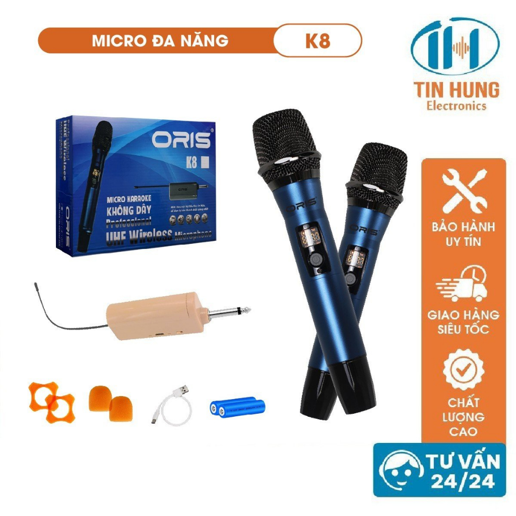 Micro karaoke không dây chính hãng ORIS K8, mic đa năng sóng UHF chống hú, độ nhạy cao cho loa kéo, amply, mixer - ORIS