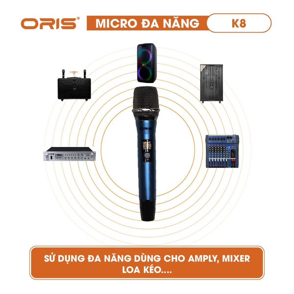 Micro karaoke không dây chính hãng ORIS K8, mic đa năng sóng UHF chống hú, độ nhạy cao cho loa kéo, amply, mixer - ORIS