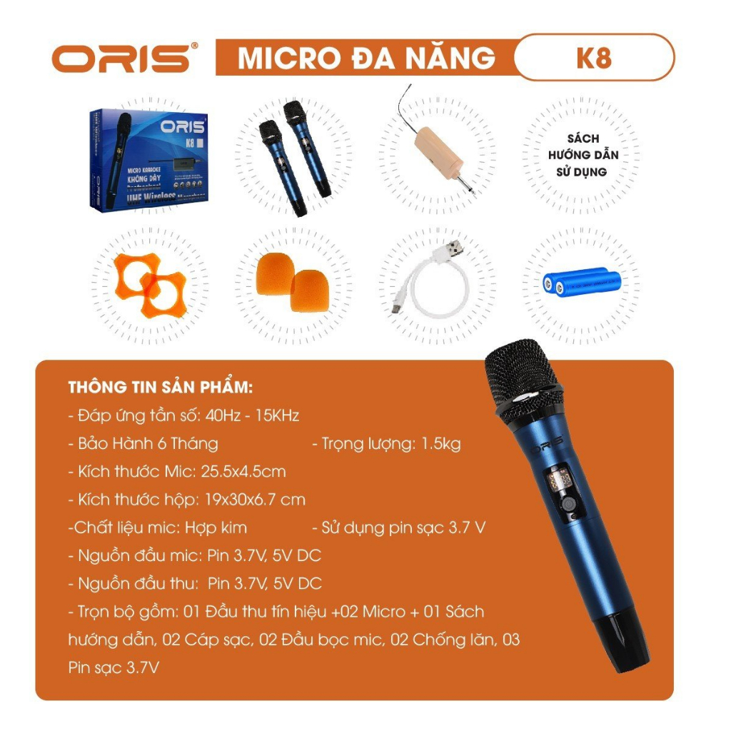 Micro karaoke không dây chính hãng ORIS K8, mic đa năng sóng UHF chống hú, độ nhạy cao cho loa kéo, amply, mixer - ORIS