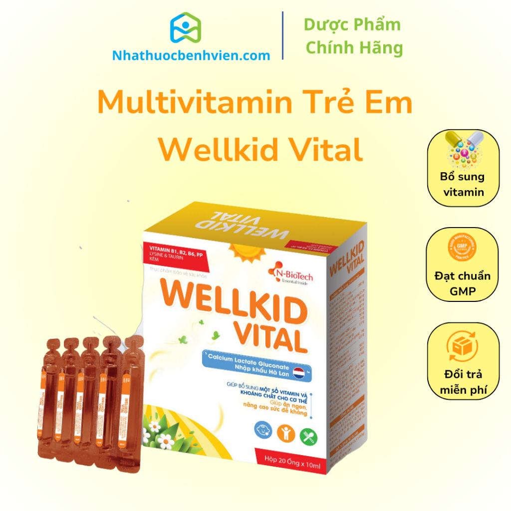 Siro trẻ em Wellkid Vital (20 ống) bổ sung vitamin, khoáng chất, tăng cường đề kháng, ăn ngon, giảm mệt mỏi - N-Biotech