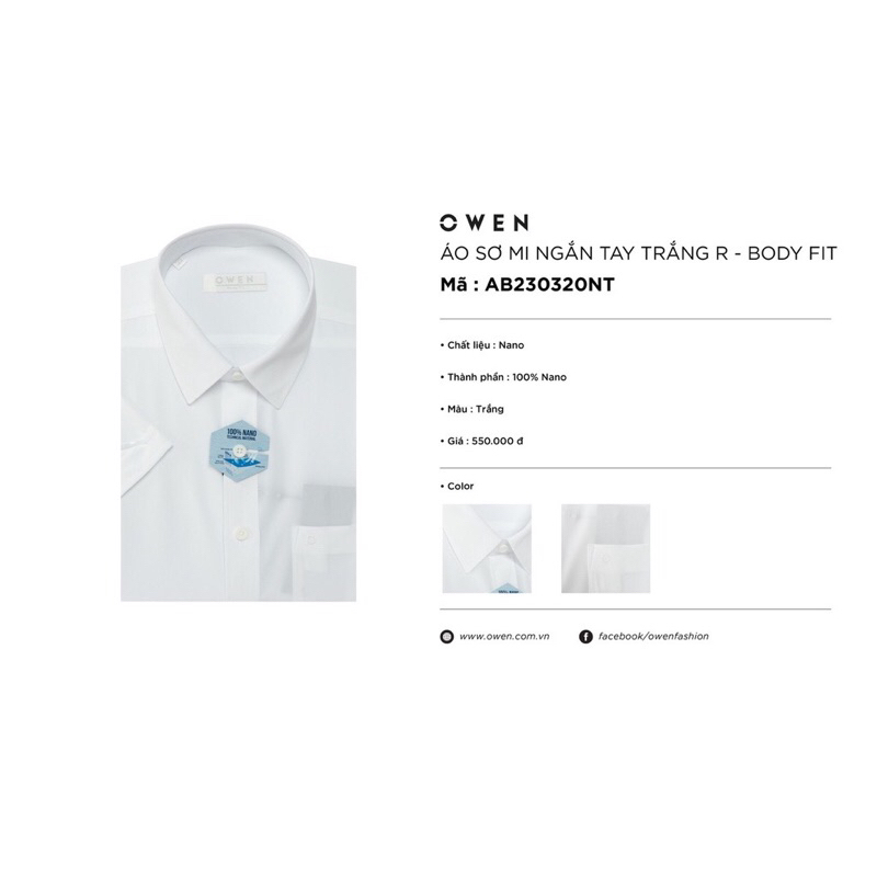 Áo sơ mi trắng owen ngắn tay có túi vải nano regular fit tà lượn AR230317NT và body fit tà bằng AB230320NT