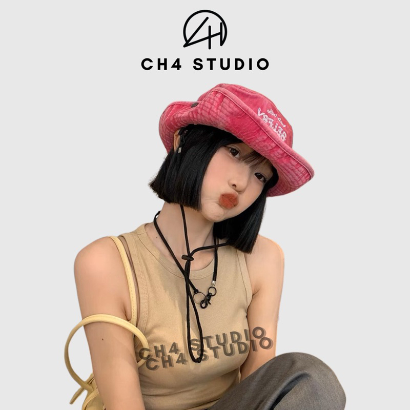 Nón tai bèo unisex cao bồi kiểu dây rút màu hồng, mũ bucket chống nắng thêu chữ BELFRY