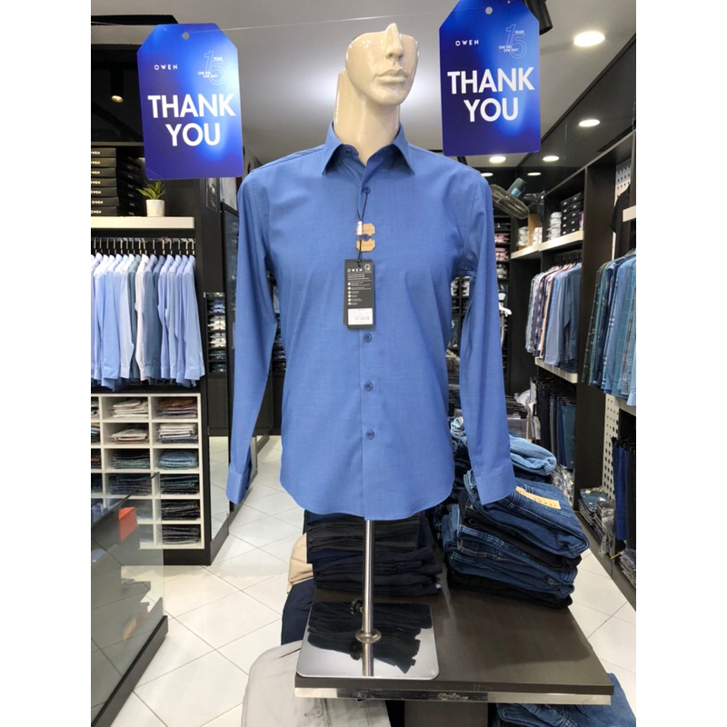 Áo sơ mi owen dài tay màu xanh regular fit vải sợi tre AR221065D