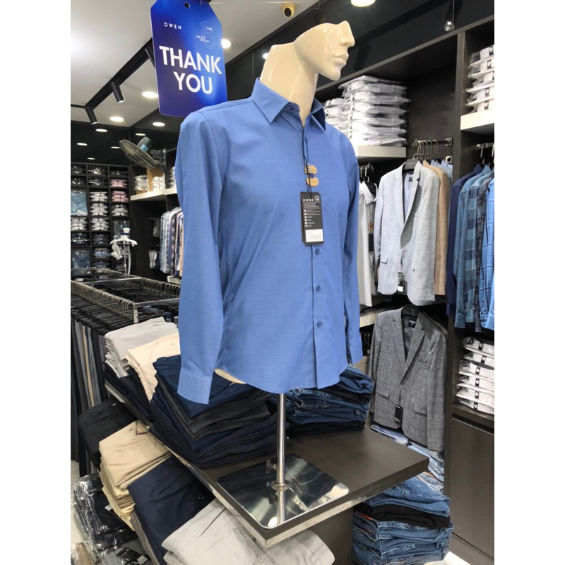 Áo sơ mi owen dài tay màu xanh regular fit vải sợi tre AR221065D