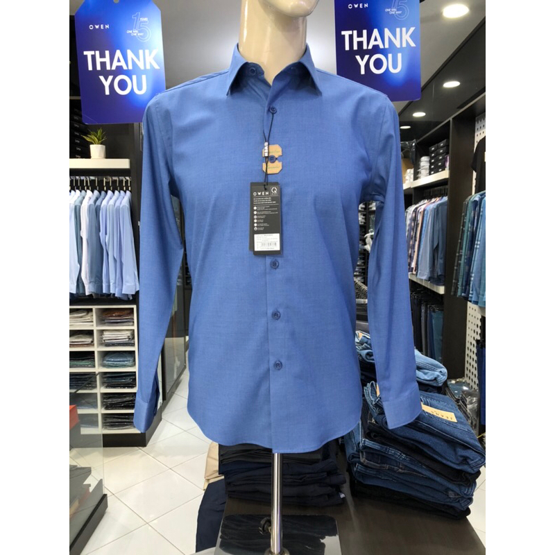 Áo sơ mi owen dài tay màu xanh regular fit vải sợi tre AR221065D