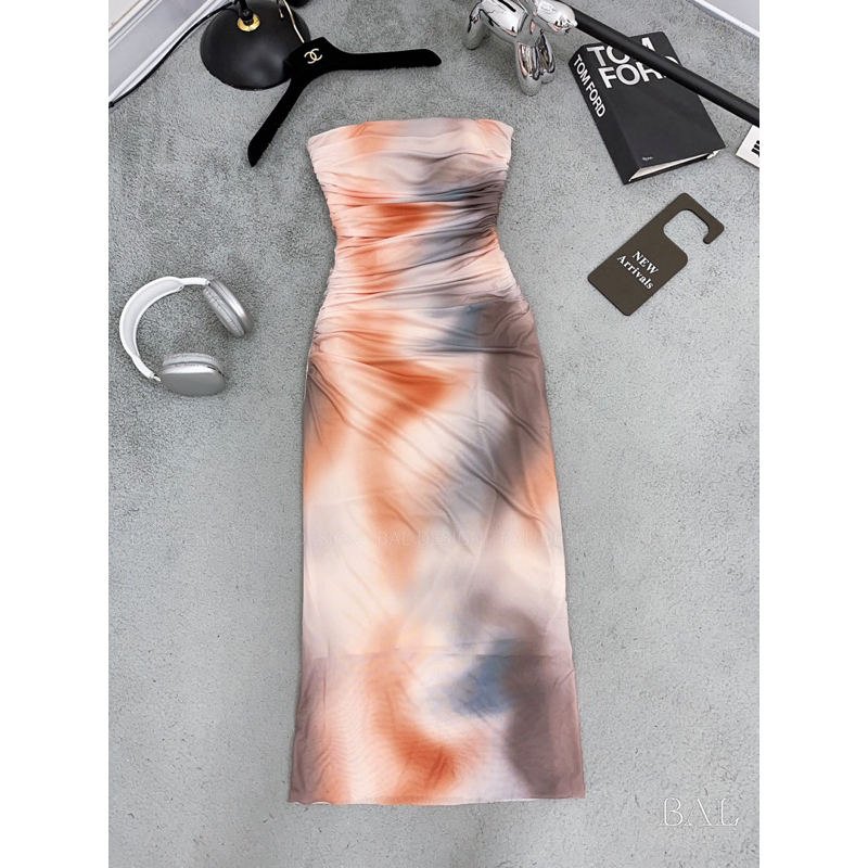 Váy body cúp ngực dáng dài thiết kế màu loang lạ mắt, Váy loang cúp ngực có dây chun mặc được 2 kiểu