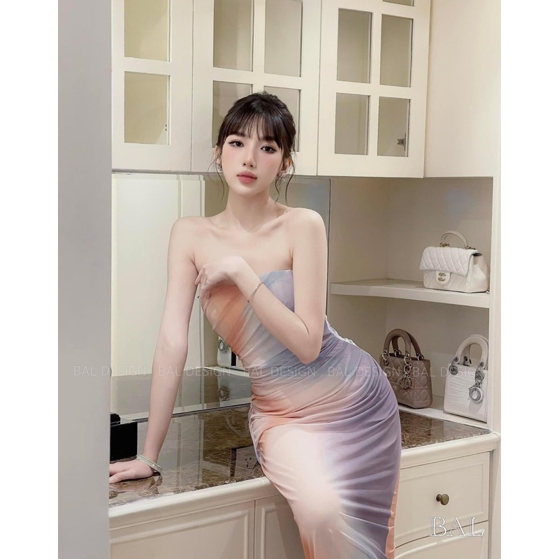 Váy body cúp ngực dáng dài thiết kế màu loang lạ mắt, Váy loang cúp ngực có dây chun mặc được 2 kiểu