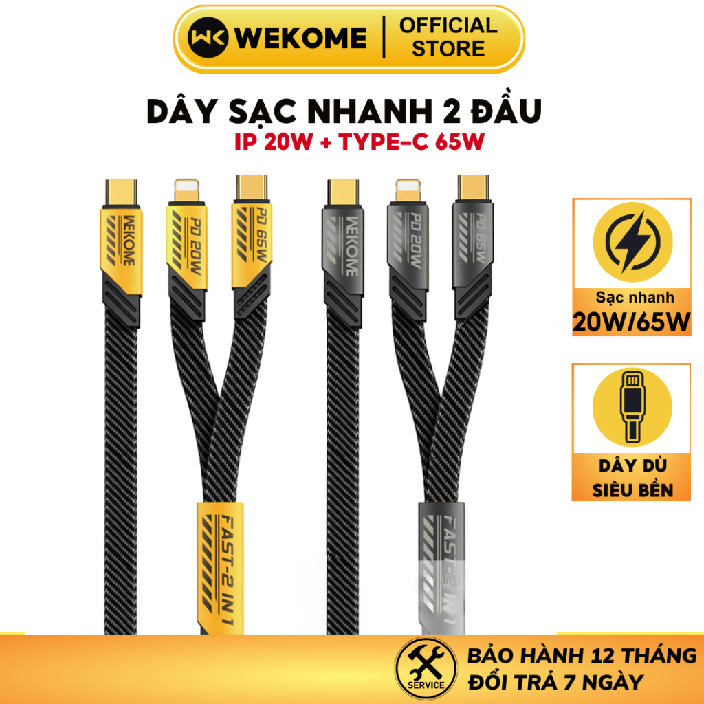 Dây sạc nhanh đa năng Wekome 2 đầu iP và type c 65w cáp bọc dù chất liệu hợp kim kẽm siêu bền