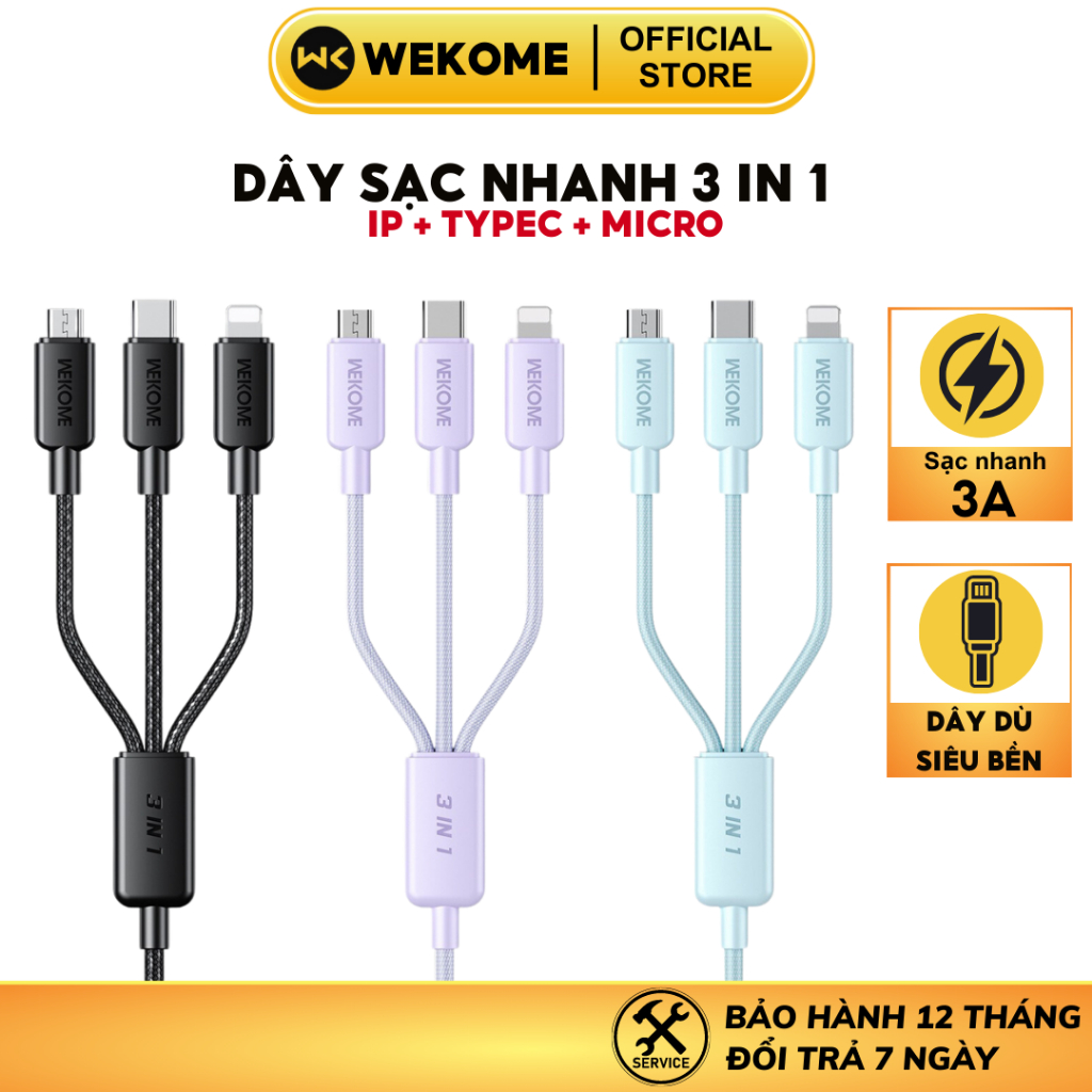 Dây sạc nhanh 3 đầu Wekome 3A cáp bọc dù siêu bền chống đứt gãy thích hợp dùng nhiều dòng máy