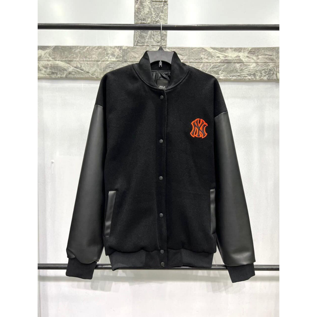 Áo khoác bomber MLB NY logo thêu-áo khoác nam nữ phối tay da chất dạ hàng đẹp form chuẩn