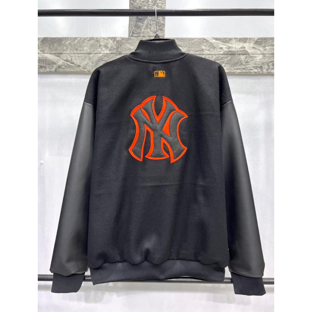 Áo khoác bomber MLB NY logo thêu-áo khoác nam nữ phối tay da chất dạ hàng đẹp form chuẩn