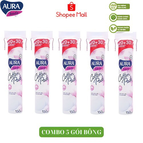 [Tặng 1 mặt nạ Sambijo] Combo 5 gói bông tẩy trang Aura Beauty Cotton Pads150 miếng (5x150)
