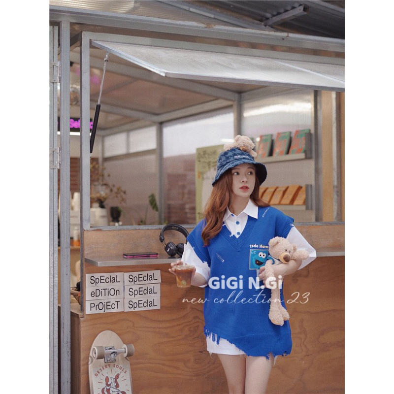 Set áo gile xanh + sơ mi trắng