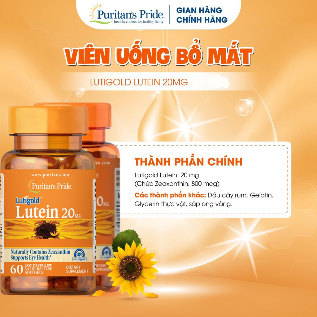 Viên uống bổ mắt, tăng cường thị lực Puritan's Pride Lutigold Lutein 20mg  6mg 100 viên.