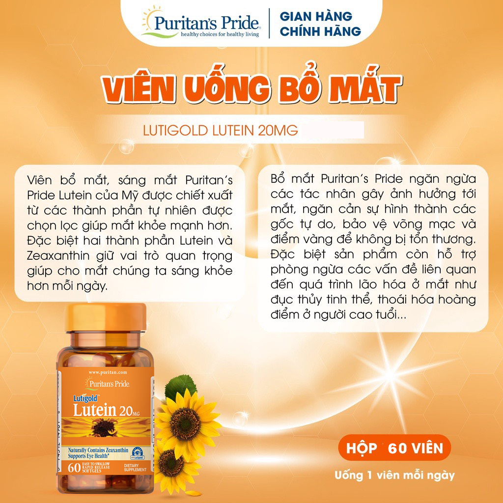 Viên uống bổ mắt, tăng cường thị lực Puritan's Pride Lutigold Lutein 20mg  6mg 100 viên.