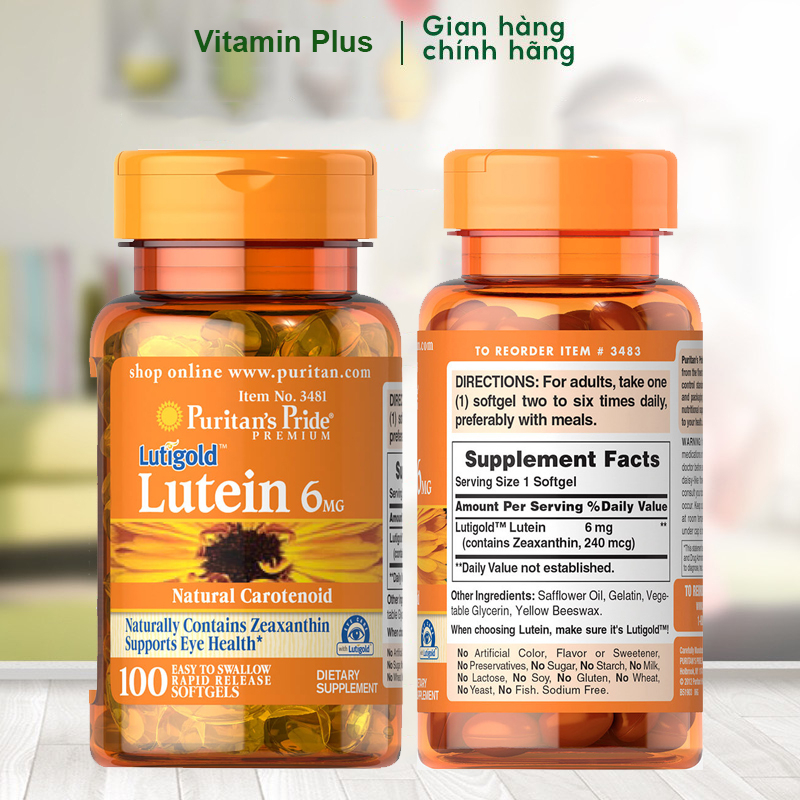 Viên uống bổ mắt, tăng cường thị lực Puritan's Pride Lutigold Lutein 20mg  6mg 100 viên.