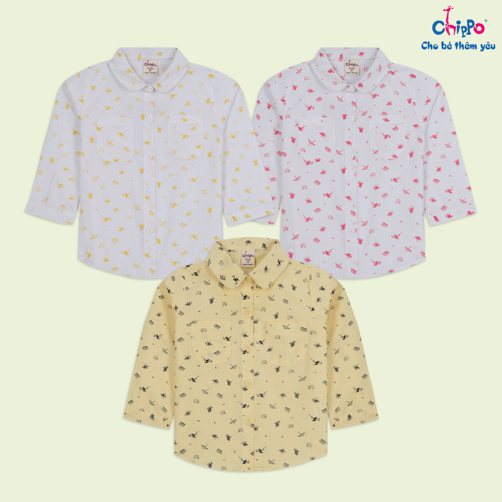 Áo sơ mi họa tiết Chippo chất liệu 100% Thô cotton cho bé gái từ 3 đến 7 Tuổi(13-24Kg)