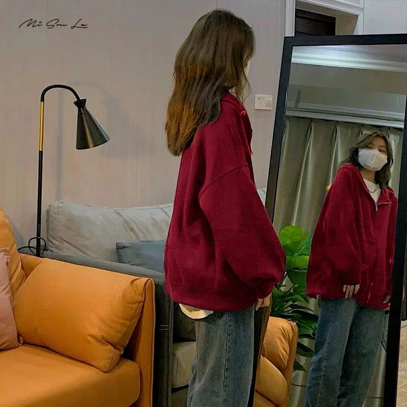 Áo khóa hoodie nỉ đỏ đô 2 lớp