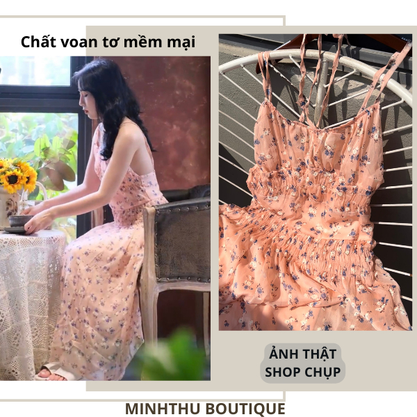 Đầm 2 Dây Hoa Nhí Chất Voan Lót 2 Lớp Đi Biển Dáng Dài
