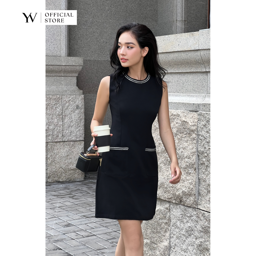 Đầm đen/trắng cộc tay phối viền - YV LE & CO