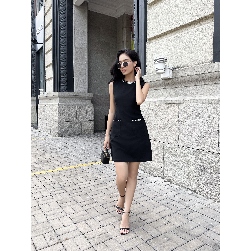 Đầm đen/trắng cộc tay phối viền - YV LE & CO